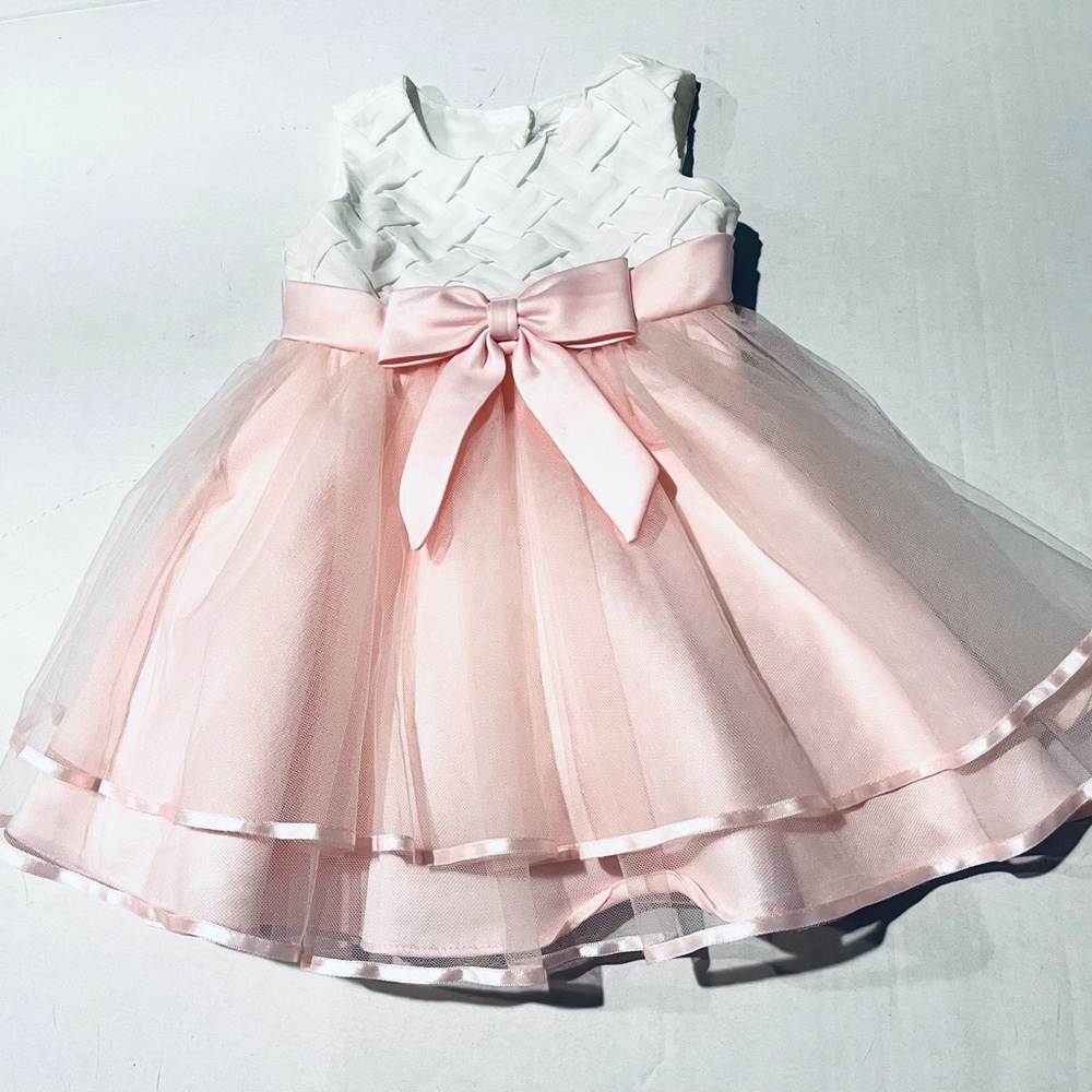 Rare Editions Basketweave Two Tier Mesh Sleeveless White & Pink Dress   SIZE 18M